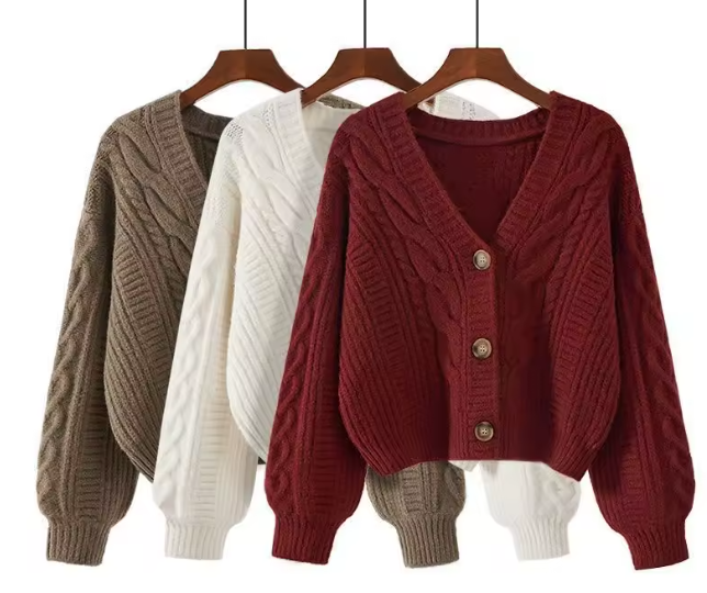 بلوزة نسائية خمر سترة متماسكة سميكة – كم كامل وياقة على شكل V، للخريف والشتاء