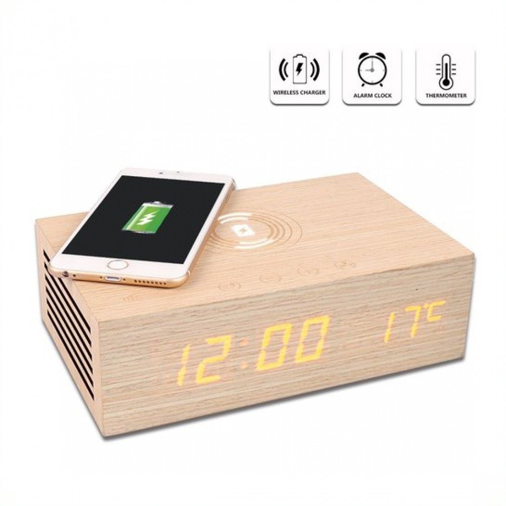 هوم تايم M9qi سماعة بلوتوث خشبية و منبه مع شحن لاسلكي-Wood