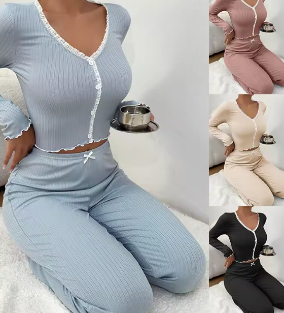 طقم نسائي من قطعتين – بلوزة بفيونكة وسروال طويل، ملابس نوم خريفية