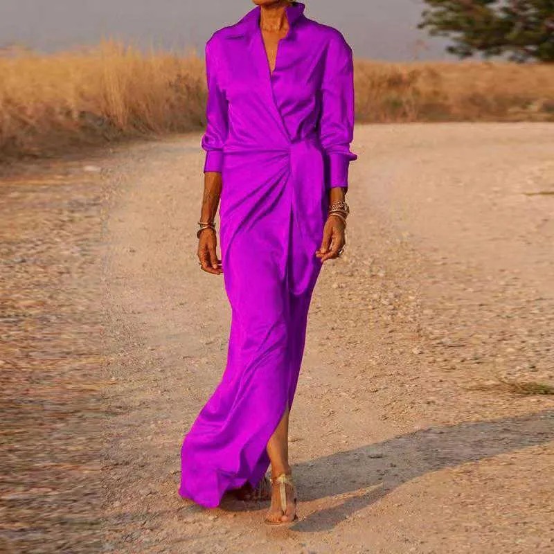 فساتين كاجوال كاجوال للمكتب، ياقة على شكل حرف V، فساتين ماكسي ربيعية للنساء، أكمام طويلة، قمصان سادة، فستان أنيق للسيدات برباط، فساتين طويلة ضيقة منقسمة Z0216