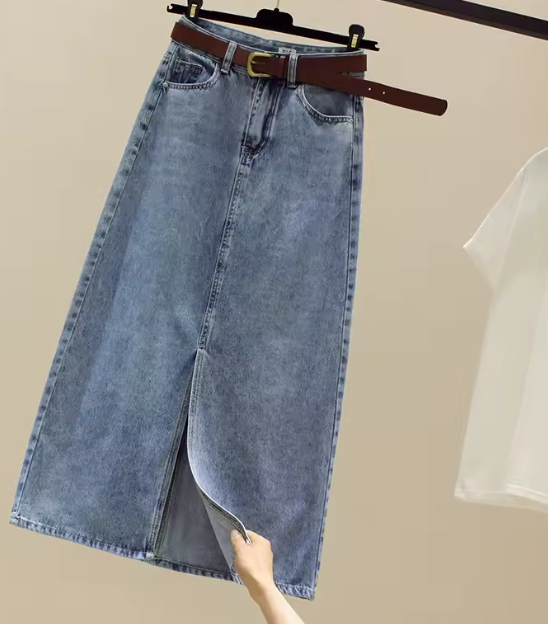 تنورة دنيم نسائية عالية الخصر – تصميم سليم وجيوب، طول الكاحل، سستة خلفية