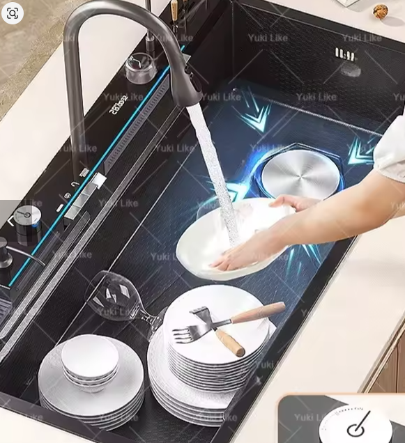 حوض مطبخ من الفولاذ المقاوم للصدأ مع صنبور شلال وشاشة رقمية – فتحة واحدة