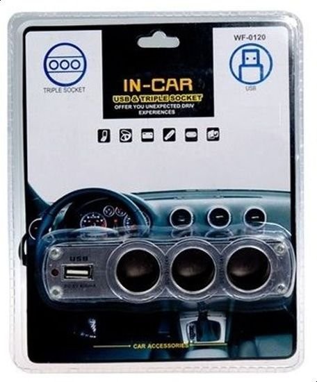 قابس لولاعة السجائر بثلاثة مداخل ومدخل يو اس بي 2.0، اسود – WF-0120