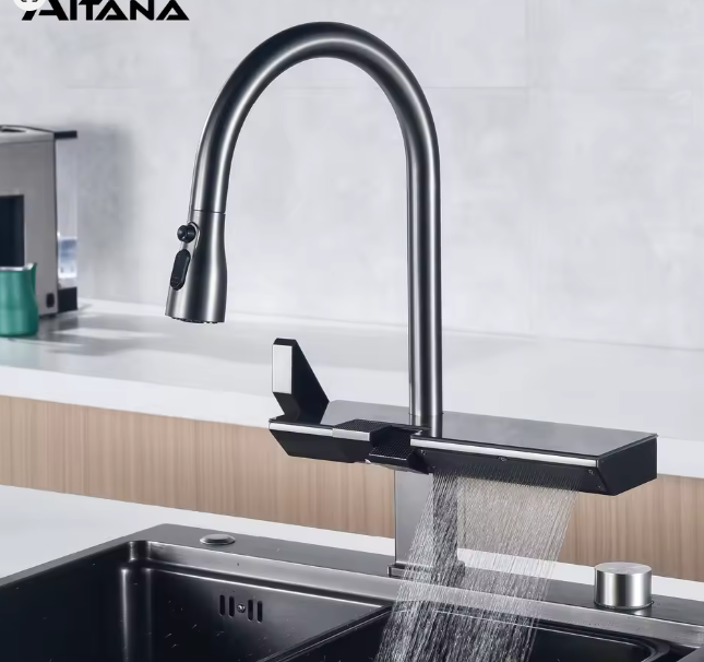 صنبور مطبخ فاخر من النحاس الأصفر والكروم AITANA – شاشة رقمية، ماء ساخن وبارد، خلاط قابل للسحب ثلاثي الوظائف