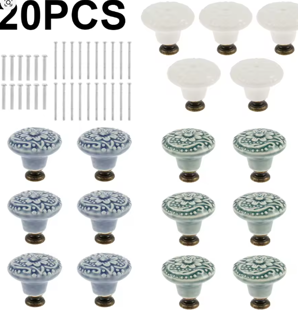 طقم 20 مقبض أبواب وخزائن سيراميك متعدد الأغراض – للمطبخ والحمام والأدراج