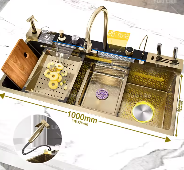 حوض مطبخ ذهبي من الفولاذ المقاوم للصدأ 100x50 سم مع شلال وشاشة رقمية