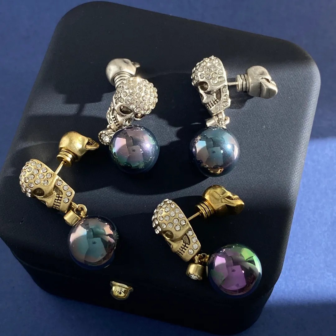 New style Dangle Earring Skeleton Punk 18K Gold plating ladies full Diamonds Skull chain Pendant Earrings men Ear cuffs Designer Jewelry Gift M2025-8032