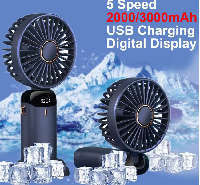 مروحة محمولة قابلة للطي 3000mAh – مروحة USB قابلة للشحن بخمس سرعات مع حامل هاتف وشاشة عرض