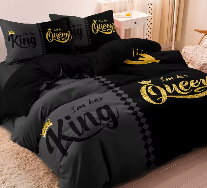 طقم سرير ملكي مطبوع – 3 قطع بالأسود والرمادي