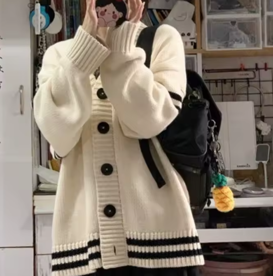 سترة نسائية بسحاب كامل – معطف فضفاض سميك مخطط برقبة مستديرة لخريف وشتاء 2025