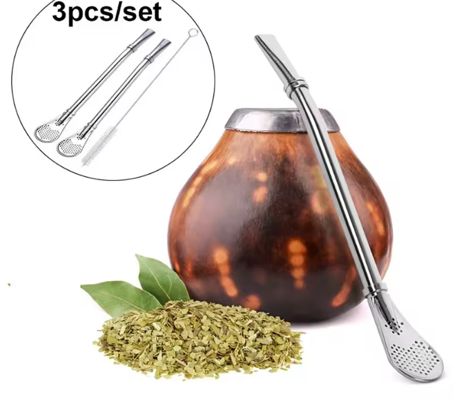 مجموعة قش بومبيلا 3 قطع من الفولاذ المقاوم للصدأ – قابلة لإعادة الاستخدام مع فلتر وفرشاة تنظيف