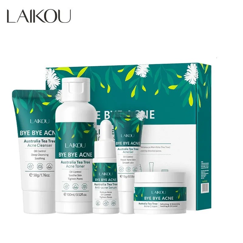 مجموعة العناية بالبشرة بشجرة الشاي: منظف للوجه، سيروم كوري للوجه، تونر للتحكم في الزيوت، جل شجرة الشاي، كريم للوجه، مستحضرات تجميل للعناية بالبشرة